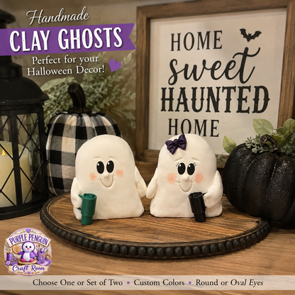 Handmade Clay Ghost Decor, Cute Halloween Ghost Figurine, Custom Mug and Bow Colors, Single Ghost or Set of 2, Spooky Shelf Decor