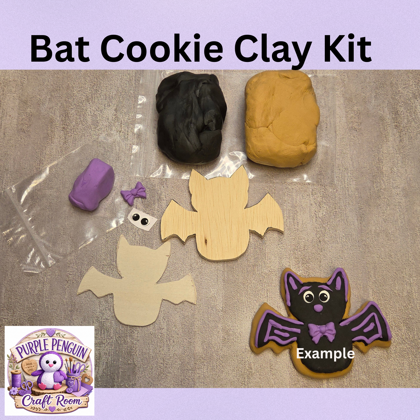 Bat Cookie Clay Kit with clay, two wooden bat pieces, eyes, purple bow, instructions and finished bat example