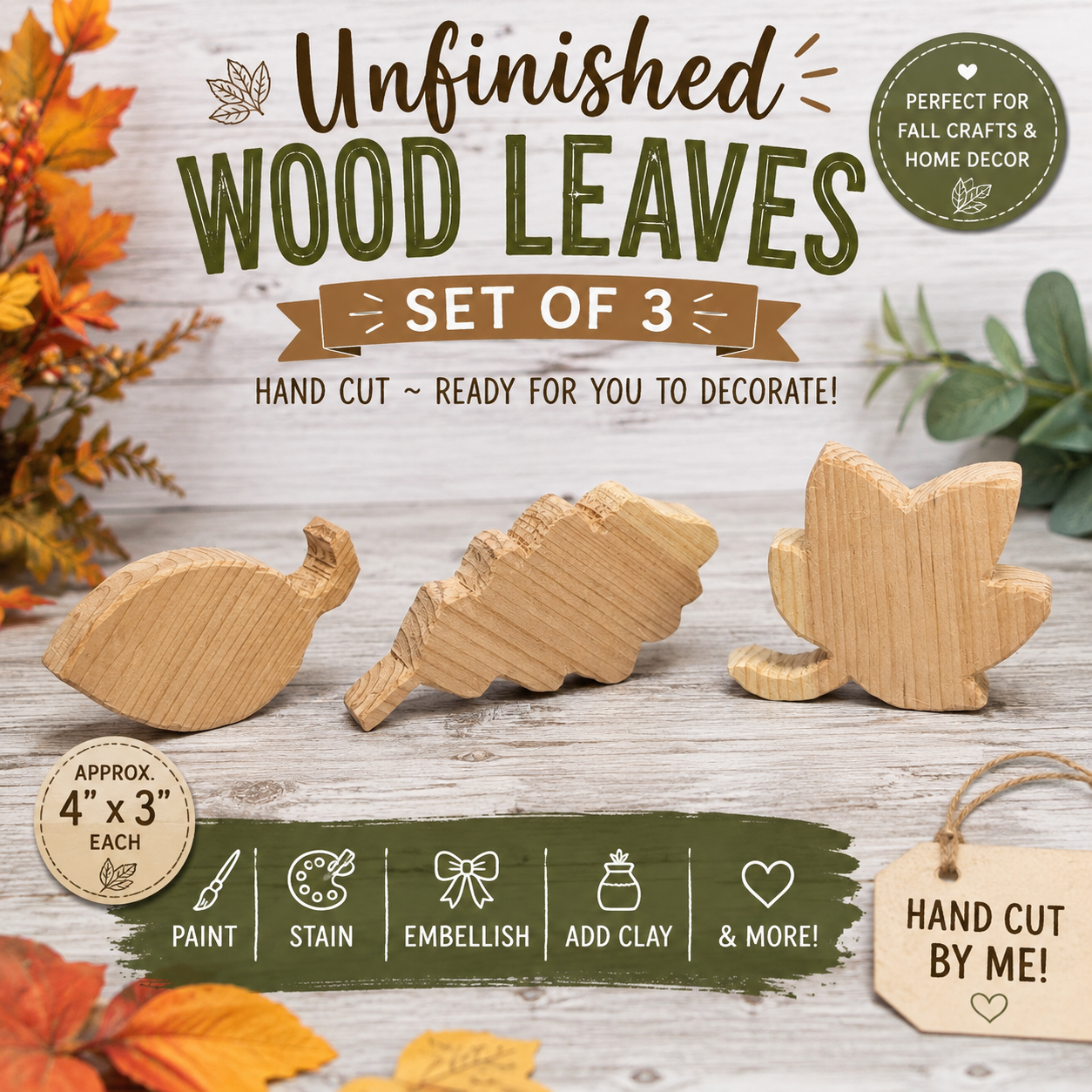 Unfinished Wood Leaves Set of 3