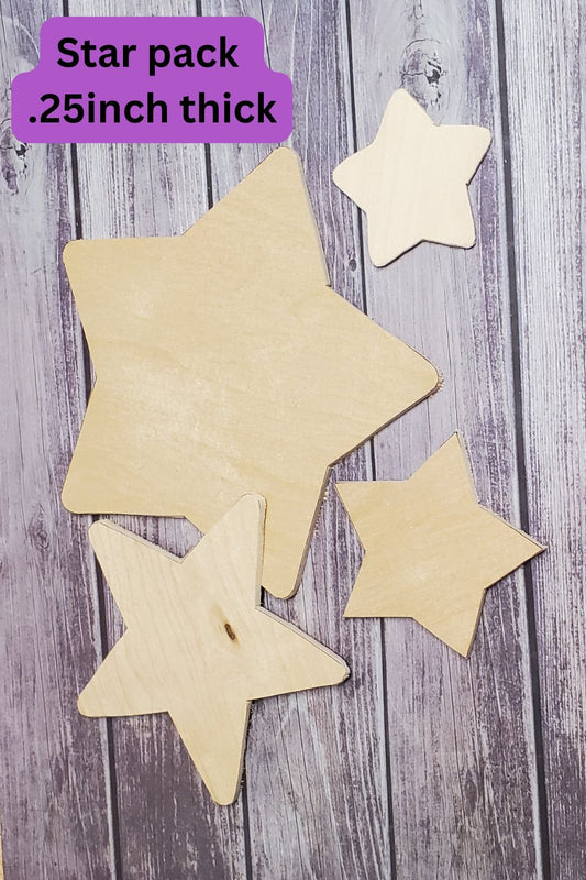 Hand-Cut Unfinished Wood Star Pack – 4-Piece Variety (¼-Inch Thick) | DIY Craft Blanks | Free Shipping Included